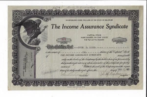 DELAWARE 1921 The Income Assurance Syndicate Stock Certificate - Picture 1 of 2