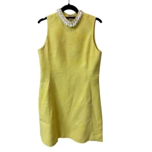 Vintage Yellow 60s Linen Shift Dress Pearl Beaded Collar Cocktail Party Dress - Picture 1 of 4