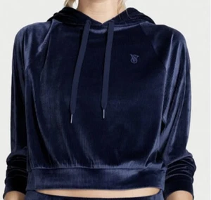 Victorias Secret Ribbed Velour Pullover Hoodie Embroidered Logo Navy Blue Medium - Picture 1 of 8