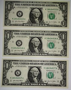 Lot Of Three Uncirculated 2021 One Dollar Bills , Consecutive Serial Numbers - Picture 1 of 2