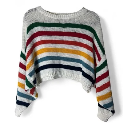Lumière – Women's Cropped Rainbow Stripe Cotton Sweater White Multi – Sz. S - Image 1 of 4
