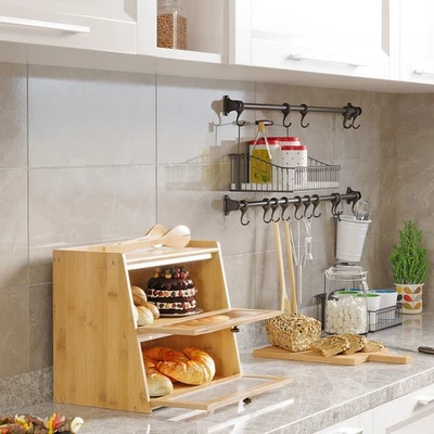 Caja de Pan de Madera con Doble Compartimento Cocina Almacenamiento Foto 1 de 4