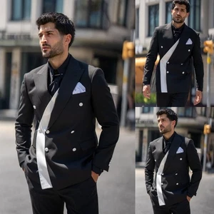 Black Patchwork Men's Suits Peak Lapel Business Formal Tuxedos Wedding Jacket - Picture 1 of 14