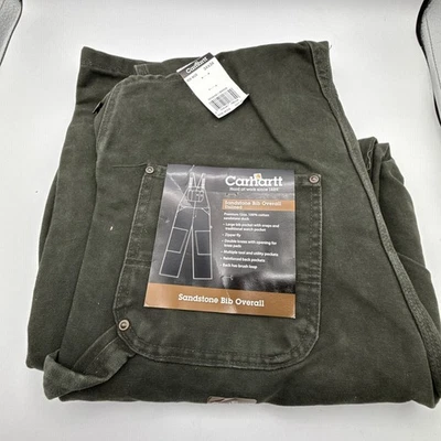 Carhartt Sandstone Bib Overall Double Knee Men 34X34 R06 MOS Green NWT NOS - Image 1 of 4