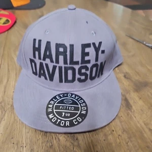 Harley Davidson Hat Cap Fitted 7 1/2 Gray Spellout Logo Biker Motorcycle - Picture 1 of 5