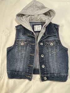 GUC Justice Girls Size 10 Blue Denim Vest with Bling Pockets and Gray Hood - Picture 1 of 5