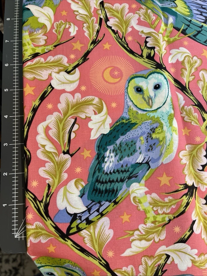 FQ Tula Pink MOON GARDEN Cotton Quilt Craft Fabric Coral  NIGHT OWL Bird FLORAL - Image 1 of 1