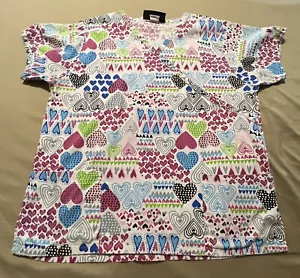 Bonita Scrubs Large Scrub Top White Hearts 2 Pockets - Picture 1 of 7