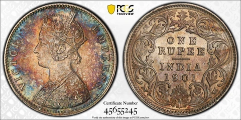 1901 C British India Queen Victoria Rupee Silver Coin PCGS AU58 Nice Toned Cover