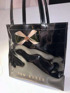 Ted Baker Patent PVC Tote With Bow Black Logo Large Shoulder Bag Designer - Picture 1 of 14