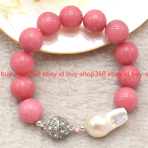 VALENTINO Enorme bracciale 14 mm gemme rodocrosite rosa e perle barocche bianche Keshi 7 5''