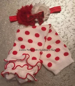 Christmas White Red Polka Dot Leg Warmers & Shabby Flower Headband - Picture 1 of 1