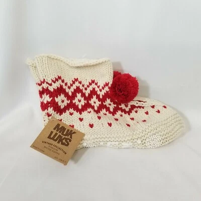 Muk Luks Vintage Collection Red Cream Pom Pom Bootie Sock Slippers Sz S/M(5-7)  - Image 1 of 4
