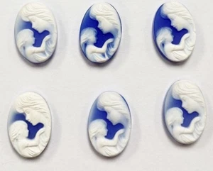 Vintage Genuine Blue Agate Mother Child 14x10mm. Oval Flat Back Cameo Stone E449 - Picture 1 of 5
