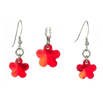 Solid 925 Silver Solid Red Flower Crystal Earrings, Pend & Italy Necklace Set - Image 1 of 4