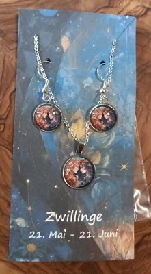 Cabochon Schmuckset Ohrringe Und Halskette Sternzeichen Zwillinge  - Bild 1 von 4
