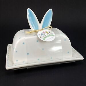 Potter's Studio Blue Bunny Rabbit Ears Covered Butter Serving Dish Polka Dots