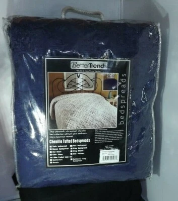 BETTER TRENDS DARK BLUE CHENILLE TUFTED BEDSPREAD. QUEEN W/ FRINGE. NEW IN BAG! - Image 1 of 4