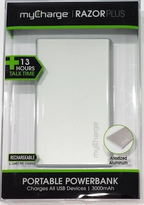 NUEVO cargador portátil ultra delgado myCharge RazorPlus con puerto USB plateado RZ30V-A Foto 1 de 4