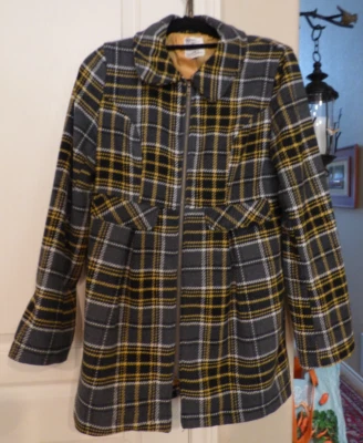 Precioso abrigo/chaqueta de tul para mujer gris/amarillo a cuadros mezcla de lana con cremallera talla L COMO NUEVO Foto 1 de 4