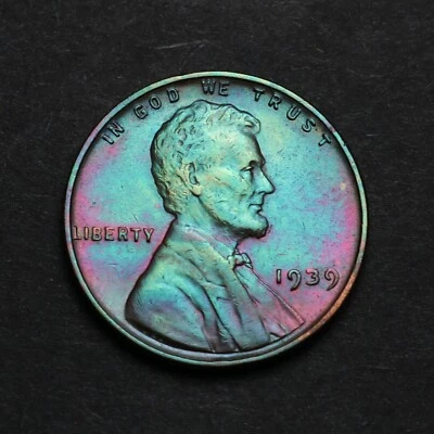 Centavo de trigo Lincoln 1939-P tono arco iris (excelente estado) con tonificación (5-13) Foto 1 de 2