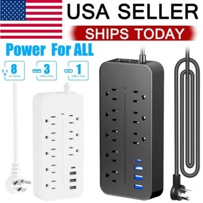 US Power Strip Surge Protector 8 AC Outlets 3 USB Ports Type C Port w/ 4FT Cable - Image 1 of 4