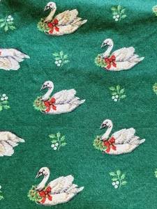 White Swans Wearing Green Wreath Red Ribbon on Green 1.5Y Cranston Cotton Fabric - Picture 1 of 3