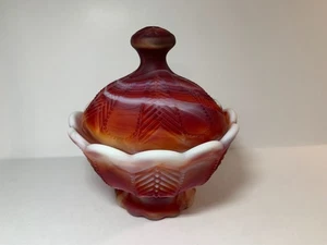 IG IMPERIAL ELEGANT GLASS RED SLAG CANDY DISH w LID FEATHER PANELS SCALLOP RIM - Picture 1 of 5