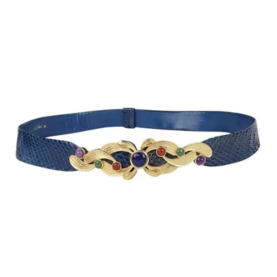 Judith Leiber Vintage Blue Snakeskin Belt Gold Tone Buckle Multicolor Stones 37" - Image 1 of 4