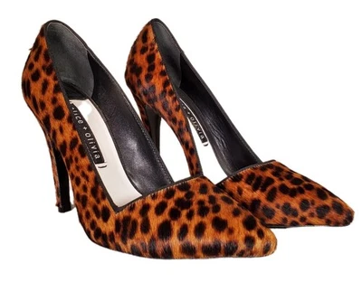 Alice + Olivia Dina  Whipstitch Leopard Print Calf Hair Heels Women's US 7.5 New - Image 1 of 4
