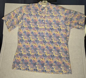 Reyn Spooner Hawaiian Shirt Blue Large Floral Yellow Orange Hibiscus Pullover - Picture 1 of 5