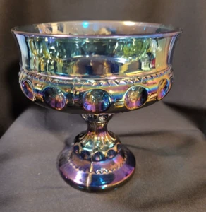 Vintage Indiana Carnival Glass Kings Crown Blue Iridescent Thumbprint Compote - Picture 1 of 5