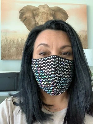 Premium Black Silver Sequin Holographic Face Mask Metallic Chevron Shiny  - Image 1 of 4