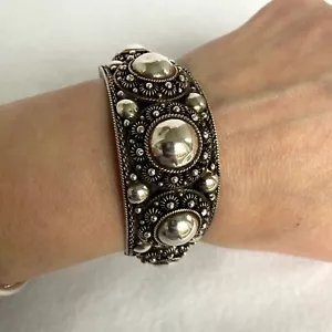 VTG SIAM Sterling Silver 925 Chunky Cannetille Ball Hollow Wide Cuff Bracelet 7" - Picture 1 of 24