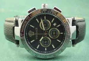Luxury Versace Men Tachymeter Black Dial 'Date' Leather Band Quartz Wristwatch - Picture 1 of 8