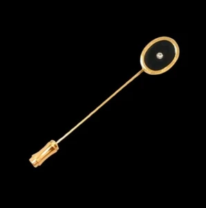 Vintage Crown Trifari Black Onyx Gold Tone Signed Stick Pin Rhinestone Crystal  - Picture 1 of 7