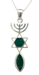 Estate Sterling Silver & Malachite Messianic Star of David Menorah Necklace! 93 - Picture 1 of 5