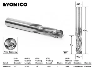 1/2" Dia. 3 Flute Compression CNC Router Bit - 1/2" Shank - Yonico 33330-SC - Picture 1 of 1