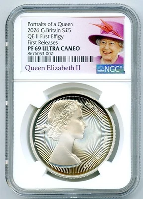 2026 GB S5PD 1OZ SILVER PROOF NGC PF69 QEII PORTRAITS OF A QUEEN 1ST EFFFIGY FR - Image 1 of 2