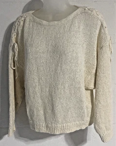 Soft Open Knit Small Sweater Pullover Cropped Lagenlook Textured Flax Lace Cream - Picture 1 of 12