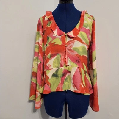 Sunny Leigh NWT Pink & Green Floral Sheer Ruffle Blouse Size S - Image 1 of 4