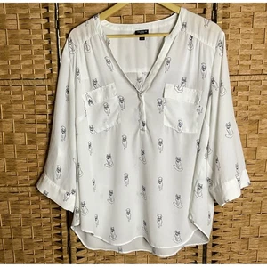 Torrid Harper White Cat Print Blouse Plus Size 2 Button Tab 3/4 Sleeve - Picture 1 of 9