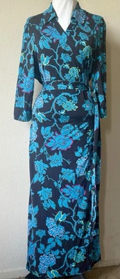 Maxi Vestido DVF Diane von Furstenberg Azul Marino Teal Love Birds Envolvente de Seda Talla XXL Foto 1 de 4