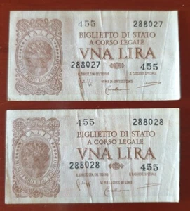 2 BANCONOTE DA UNA LIRA (1944) SERIE 455 CON NUMERO CONSECUTIVO PIU' CHE BUONE - Foto 1 di 2