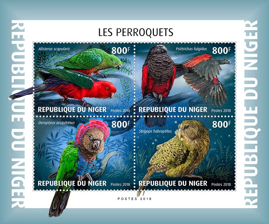 Estampillas de loros MNH 2018 Níger M/S Foto 1 de 1