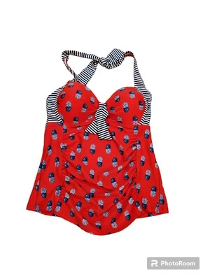 Tankini Merona Rojo/Negro/Blanco Acanalado Natación Acolchado Halter Espalda Talla S. Foto 1 de 4