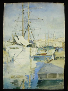 Charles BOURILLON aquarelle vieux grééments dans le port de Marseille Provence - Imagen 1 de 8
