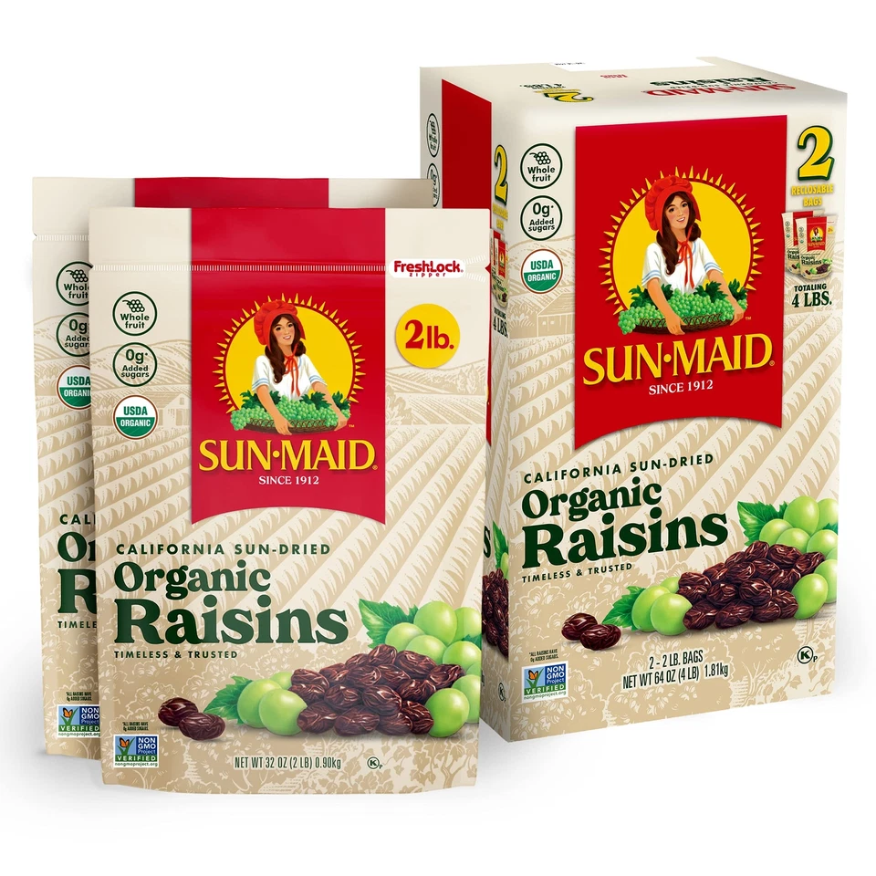 Sun Maid Organic California Raisins 2 Bags (2 LB Each Total 4 Lbs)
