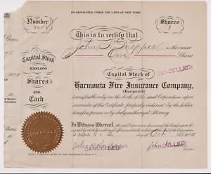 Certificado de acciones de Harmonia Fire Insurance Company Nueva York Búfalo - Imagen 1 de 1