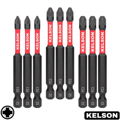 9 x Mixed 75mm Pozi PZ1  PZ2  PZ3 Impact Screwdriver Bits Magnetic 1/4" KELSON - Image 1 of 4